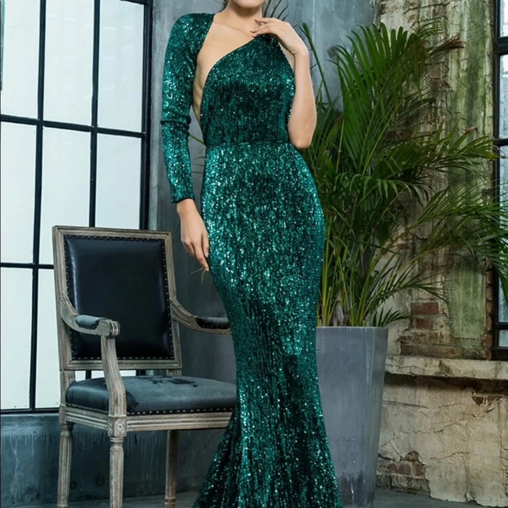 One Sleeve Backless Sequin Gown Emerald
